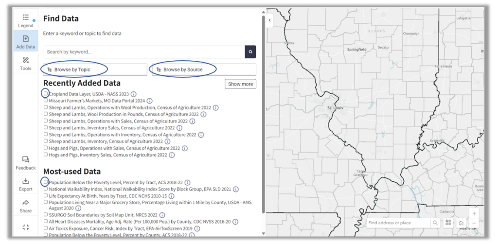 This image shows hot to browse data layers and add them to your map. 