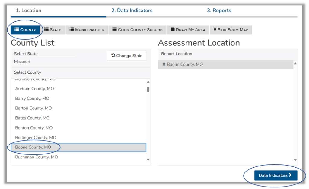 This image shows how to select locations for your report. It then shows how to move to selecting data indicators in the next step. 