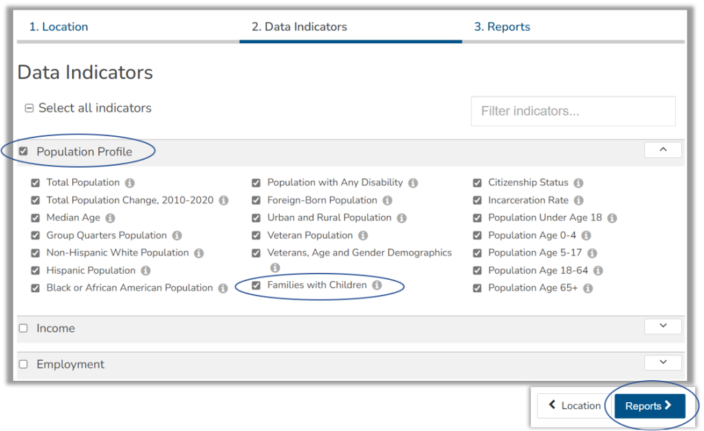 This image shows how to select data indicators for your report. It shows how to select all indicators in a category, or just individual indicators.  It then shows the button to click to generate your report.  