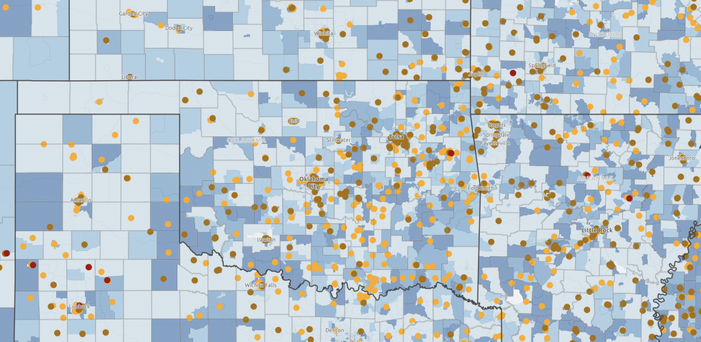 A map of Oklahoma showing children in poverty age 0-4 and locations of head start facilities.