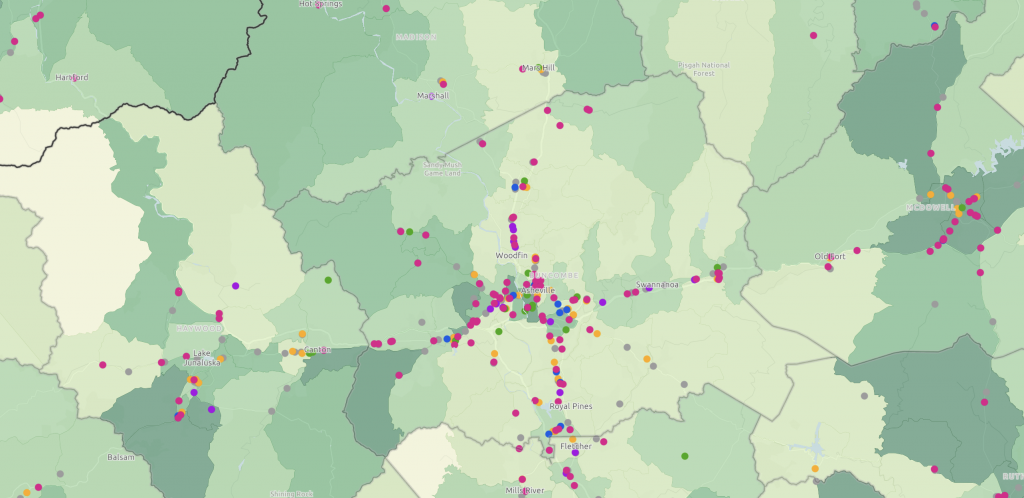 A map of Asheville, NC showing households eligible for SNAP and locations of SNAP retailers.